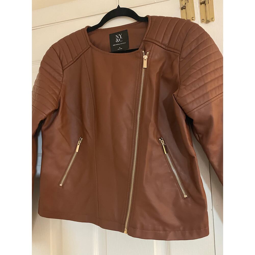 NY&C faux leather brown zip up jacket size medium